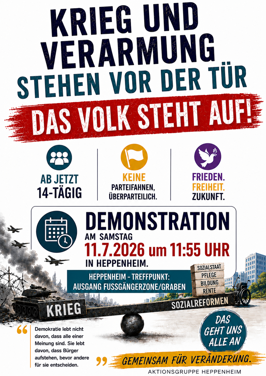 Demonstration/Mahnwache für Frieden und soziale Gerechtigkeit am 11. Juli 2026 in Heppenheim